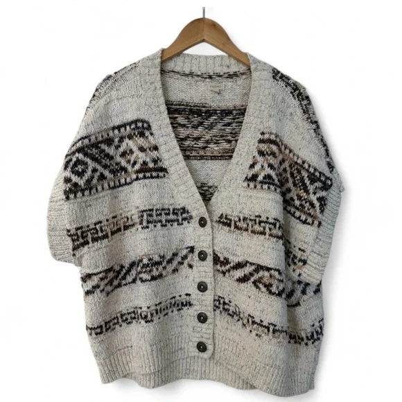 Pilcro V-Neck Sweater in Cream and Brown - Picture 1 of 2